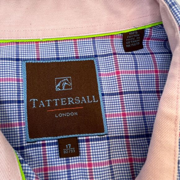 Tattersall Dress Shirt Mens 17 Blue Plaid Long Sleeve 100 Cotton 22" Arm Length - Picture 4 of 9